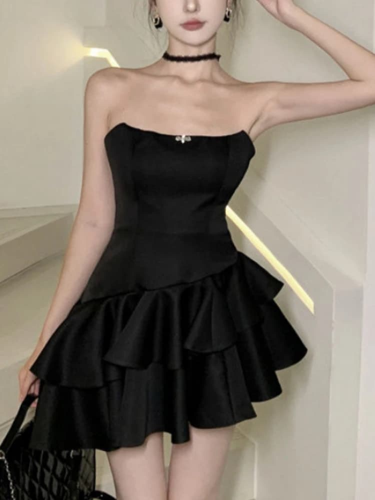 Sexy Black Strapless Satin Mini Dress Women Sleeveless Ruffle Bodycon Coquette Aesthetic Slim Fit Summer Club Party Outfit 2025