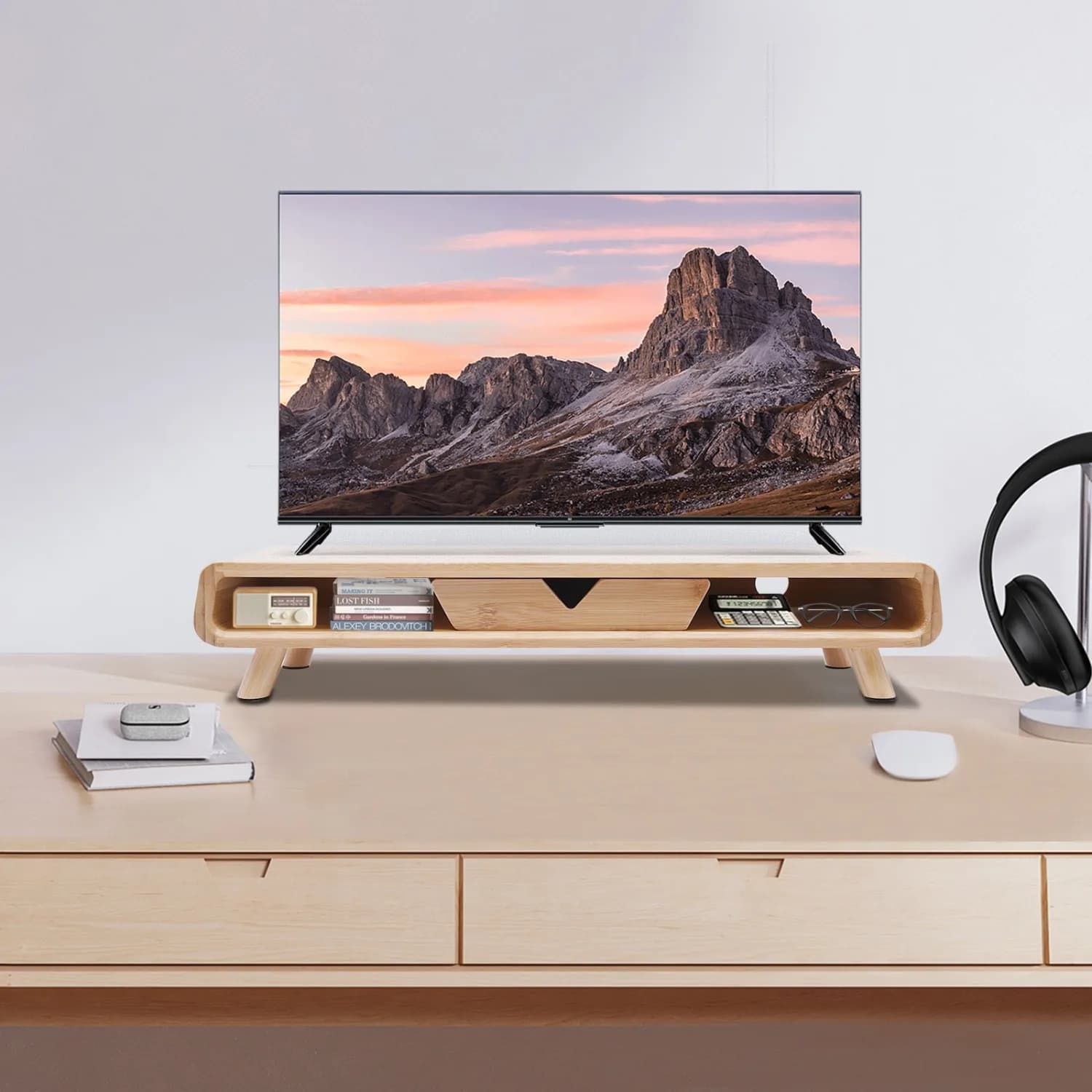 Bamboo Monitor Stand Riser, No Assembly Required Exquisite Monitor Stand With Drawer, Ergonomic Height Wood Monitor Stand