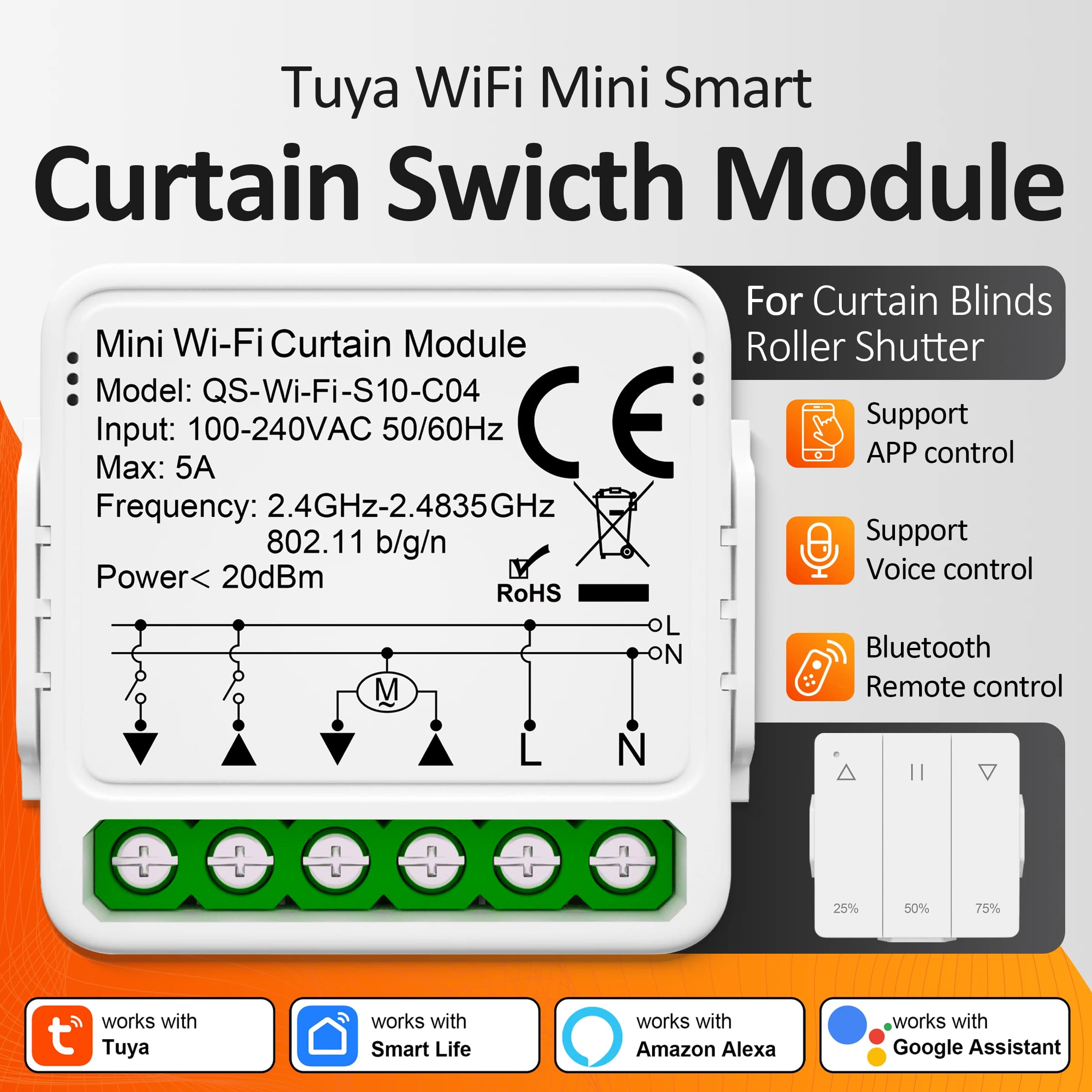 Tuya WiFi Switch Module for Smart Curtains with Bluetooth Remote Control Kit, Compatible with Alexa, Google Home Assistant