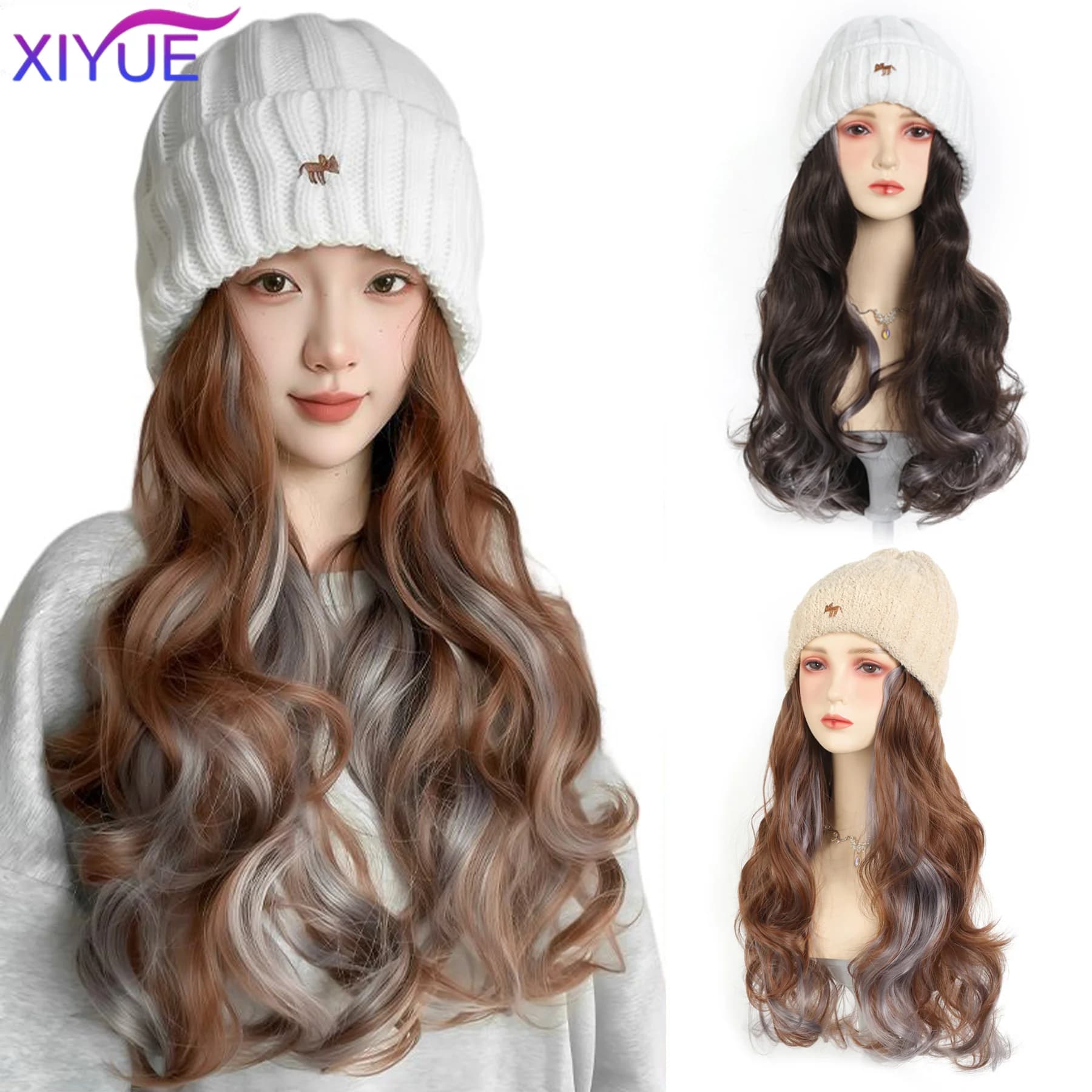 XY Cappello sintetico Parrucca Berretti Cappello con parrucche per capelli per donna Capelli lunghi ondulati Caldo morbido Sci lavorato a maglia Autunno Inverno Berretto resistente al calore