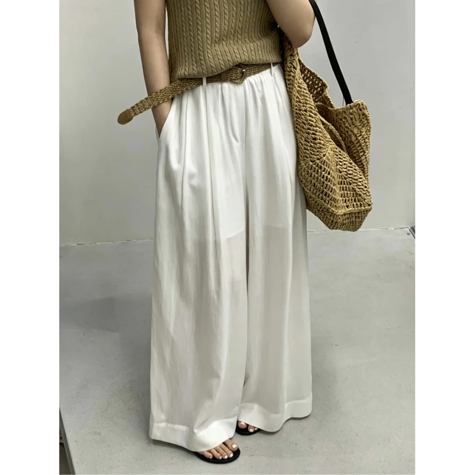 Pantaloni Casual a Gamba Larga Stile Coreano 2026, Versatili, Stile Old Money, con Cintura a Scelta, Vita Alta, Altri Materiali, Casual