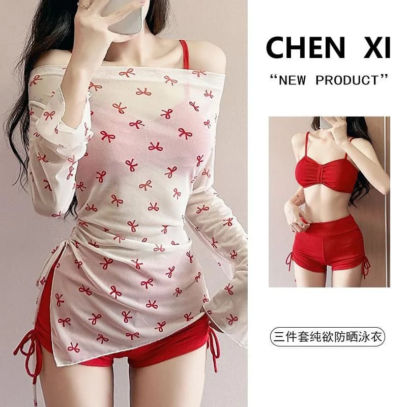 Abbigliamento estivo da donna, set bikini a maniche lunghe con fiocco, costume da bagno due pezzi in poliestere, outfit sexy, copricostume.