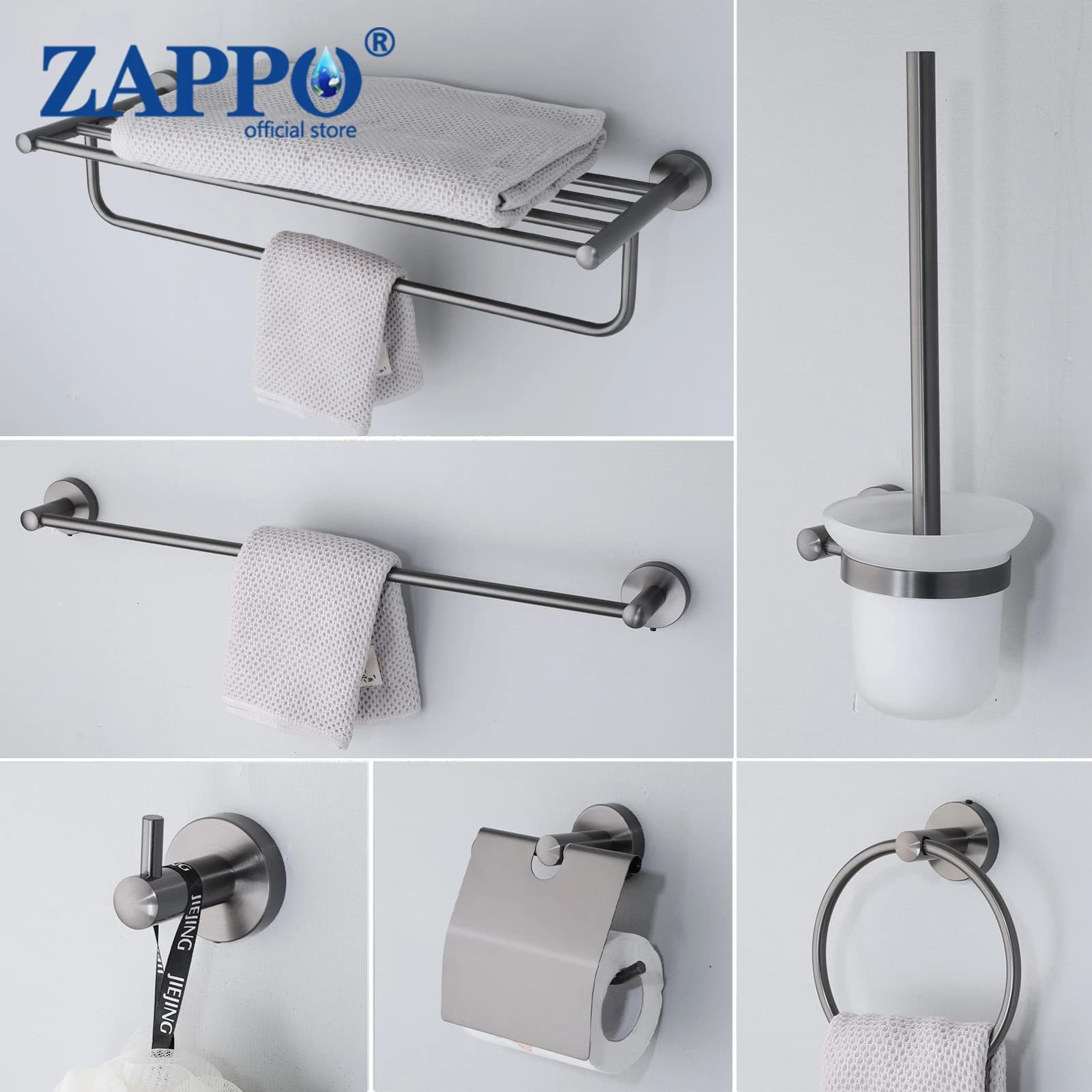 ZAPPO Bathroom Accessory Set Grey Brush 6-Pieces Bathroom Towel Rack Towel Ring Toilet Paper Holder Bathroom Hardware Set