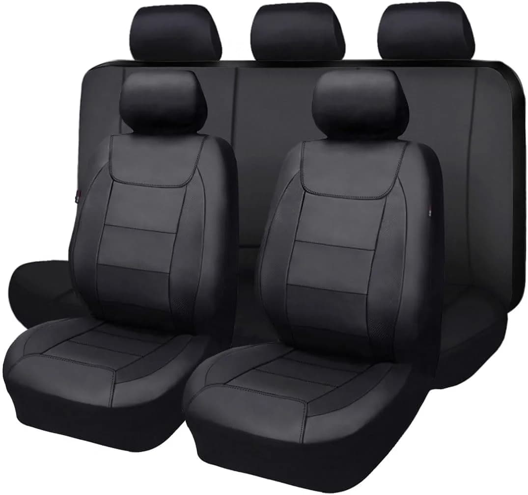 Universal Car Seat Cover Set - Ecopelle, Carbon Fiber Design, Easy Installation (Red, 8 Pieces)