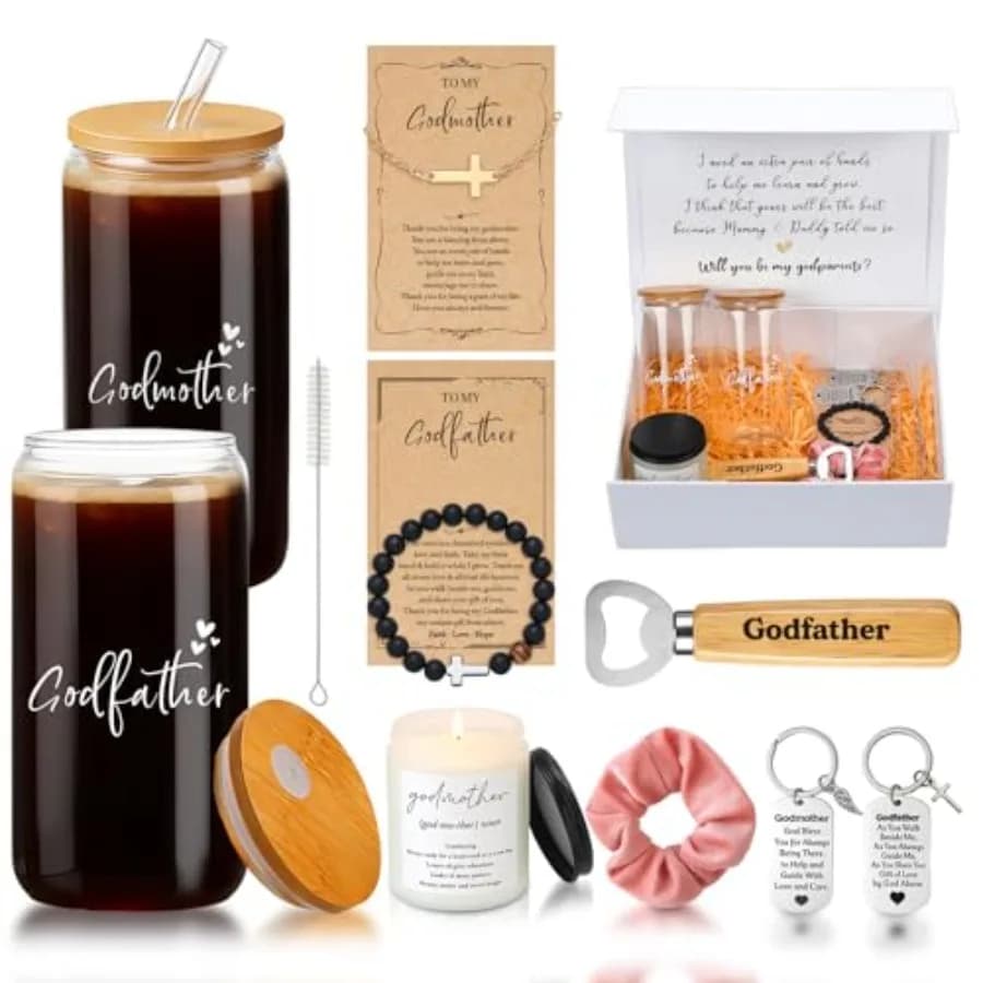 10 Pcs Godparents Proposal Gift Set Madrina Padrino Glass Cup Will You Be My Godparents with Scented Candle Bracelet Keychain B