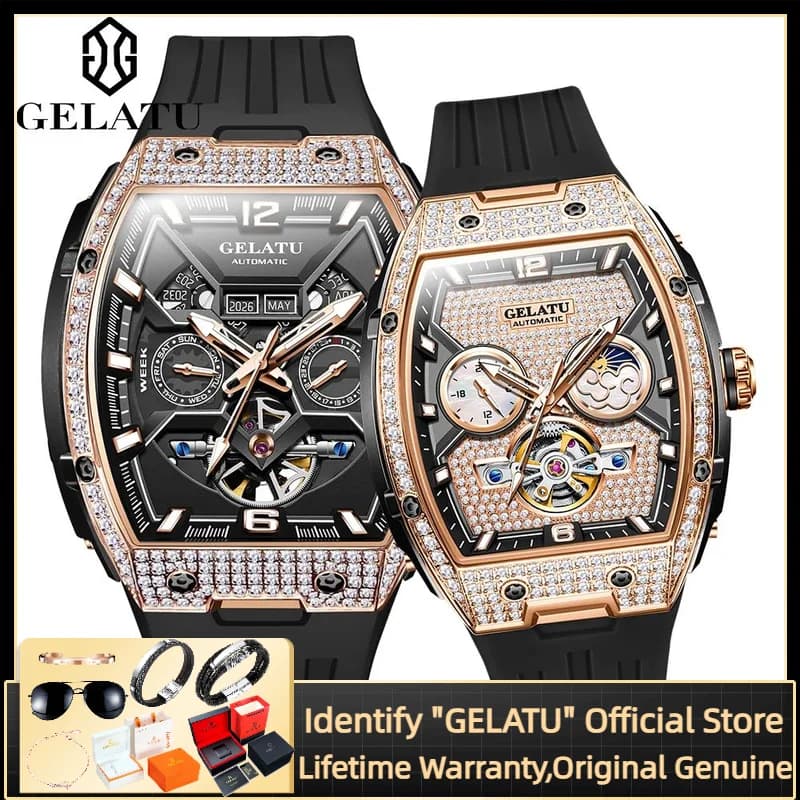 GELATU Automatic Mechanical Couple Watch Hollow Flywheel Luxury Wrist watch for Men Women Waterproof Luminous Watches NO:6016
