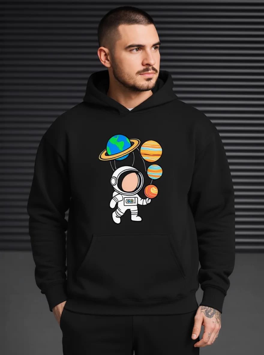 Felpa con cappuccio da uomo Astronaut & Planets, foderata in pile, oversize, autunno inverno, lavabile in lavatrice