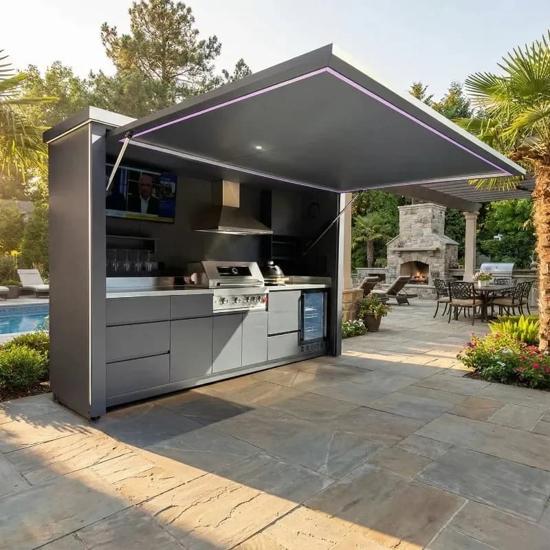 Luxury Stainless Steel Wood Outdoor BBQ Kitchen Cabinet Modern Eco-friendly Design Built-in BBQ Gas Grills Sink