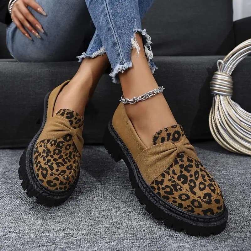 Moccasins leather suede leopard fashion woman 2025 autumn tonda heel medium slip on pumps comfort sole soft wedge heel office pumps