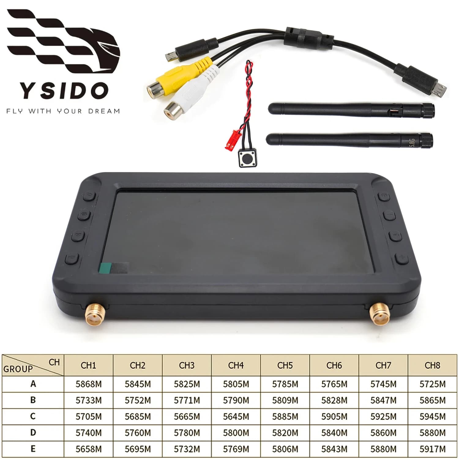 YSIDO Schermo FPV HD da 4,3 pollici 5.8G 40CH con Trasmissione Immagini e Doppia Antenna per Auto RC, Navi e Droni X6 Frsky Flysky RadioLink