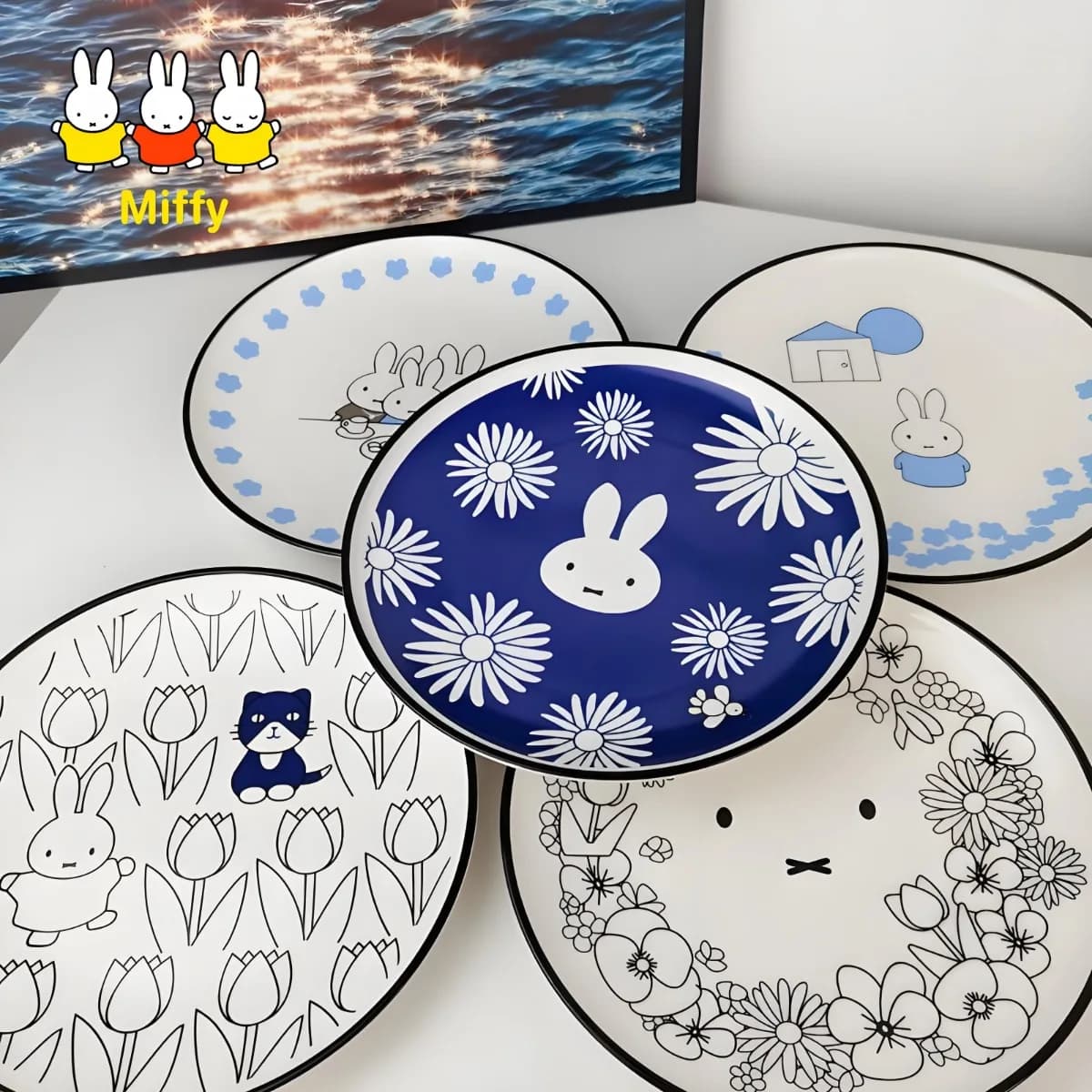 Kawaii Miffy Rabbit Dinner Plate Cute Cartoon Fashionable and High-end Ins Ceramic Round Plate Breakfast Review Heart Plate