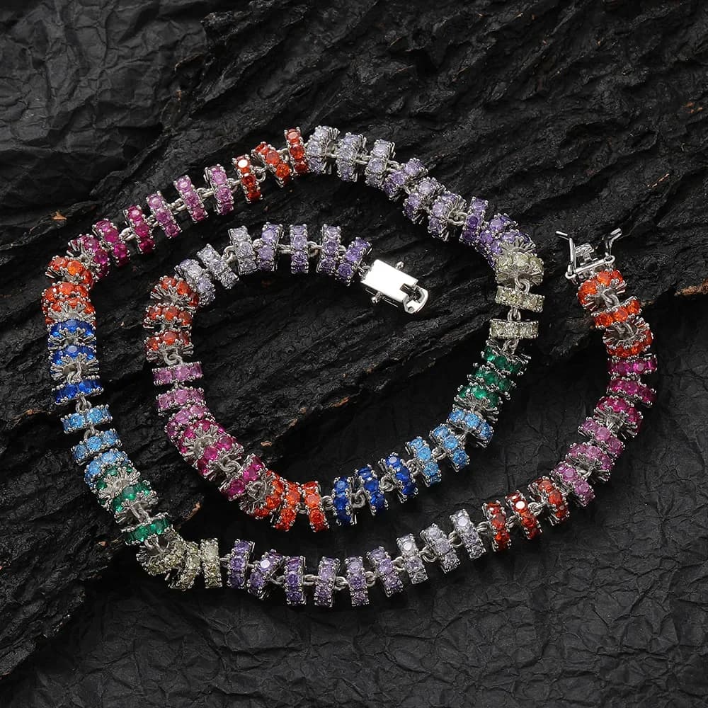 Nuovo stile 8mm arcobaleno colorato Cz catena da Tennis Iced Out Solid Metal Prong Settings zircone collana girocollo gioielli Hip Hop Unisex