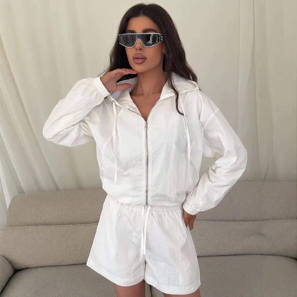 Zipper Hooded Long Sleeve Loose Shorts Elastic Waist High Waist Shorts Sun Protection Women's Casual Sportswear Two-Piece Set