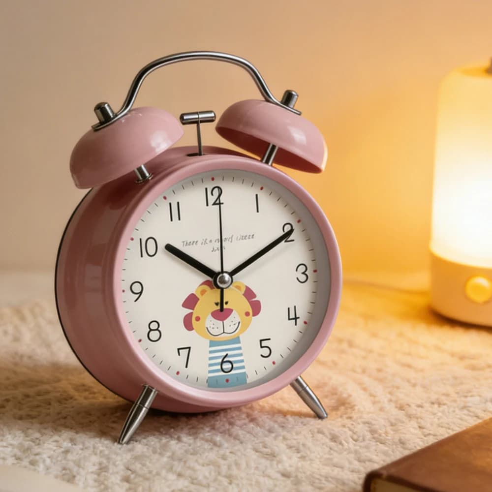 Sveglia a Doppia Campana con Simpatico Leone Cartoon da 4 Pollici, Silenziosa, Senza Ticchettio, Orologio da Scrivania al Quarzo per Camere dei Bambini, Scuola e Arredamento Casa