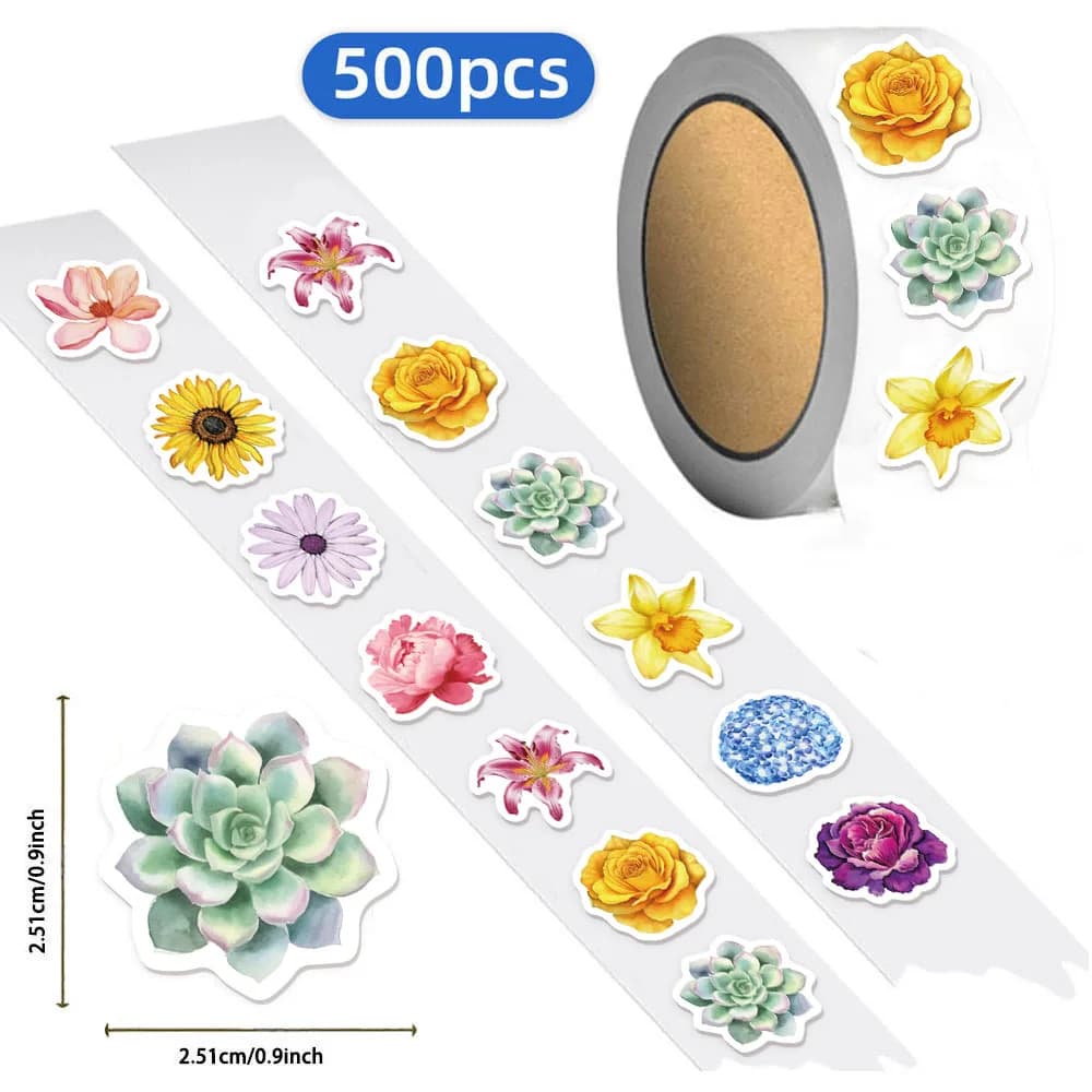 500 pezzi di adesivi in rotolo carino con fiori, bagagli fai da te, skateboard, notebook, decorazione regalo, adesivi impermeabili