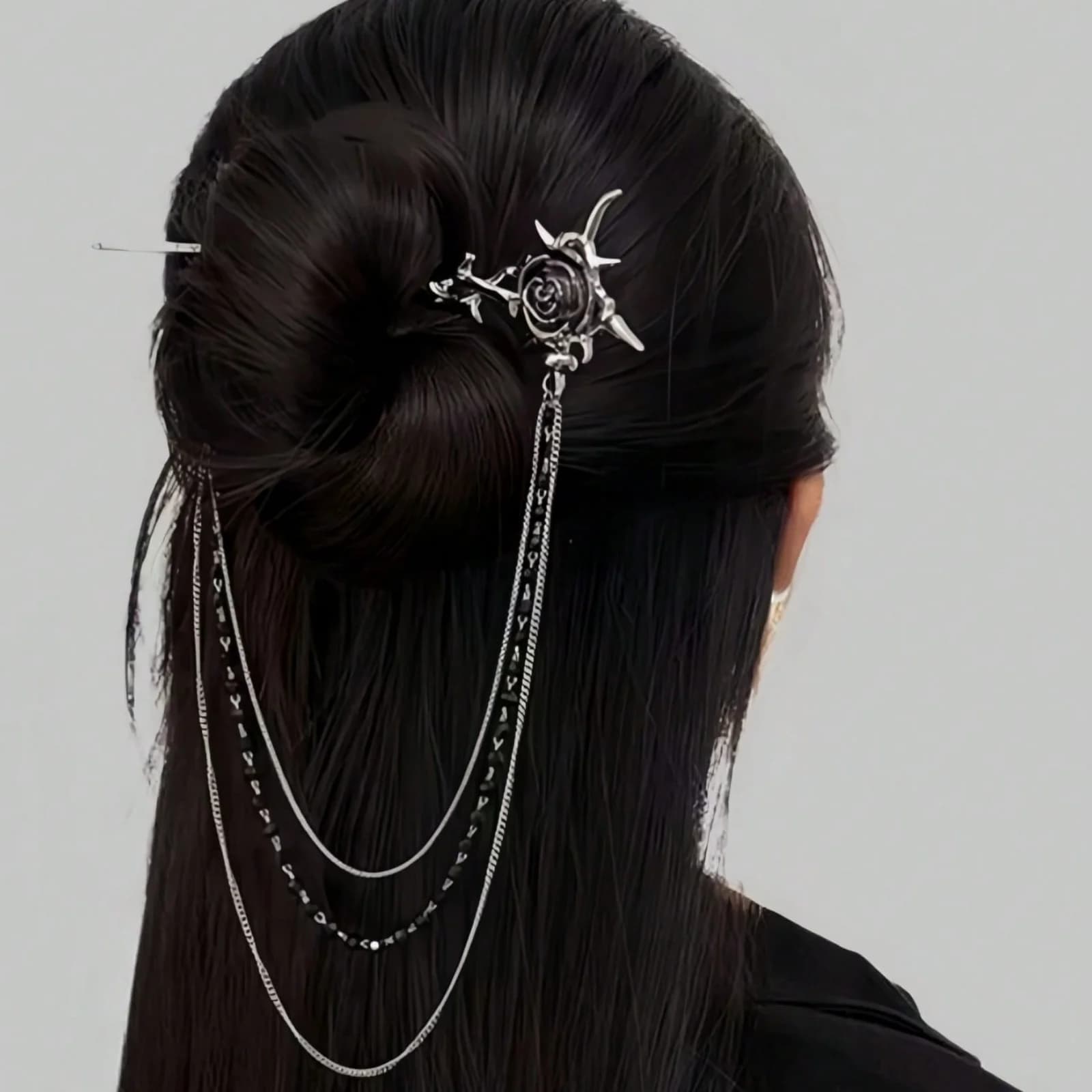 1 Pezzo Accessorio per Capelli Gotico Punk con Rosa Spinosa, Nappa e Catena di Perline (Per Donne), Lega di Zinco