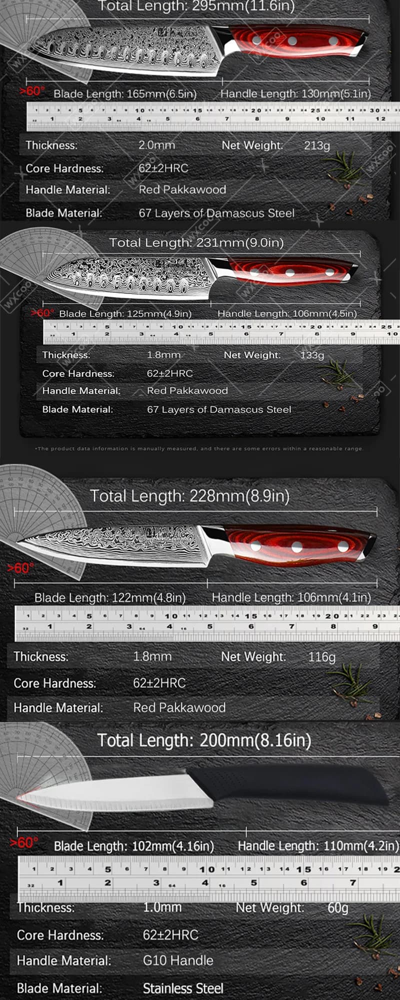 WXCOO Damascus Steel Chef's Knife Reliable Hand Forged Japanese Kitchen Wooden Handle Meat Cleaver Butcher Knife Professional