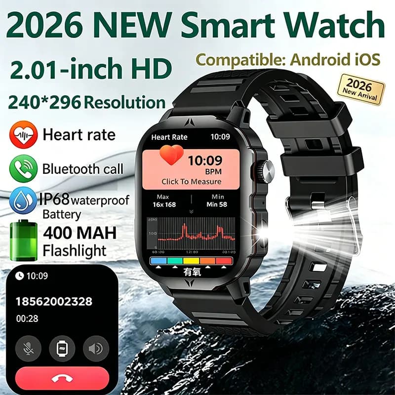 Nuovo Smartwatch Outdoor 2026 con Display AMOLED da 2,01 Pollici, NFC, Monitoraggio Frequenza Cardiaca e Salute, IP68, Chiamate Bluetooth, Torcia LED