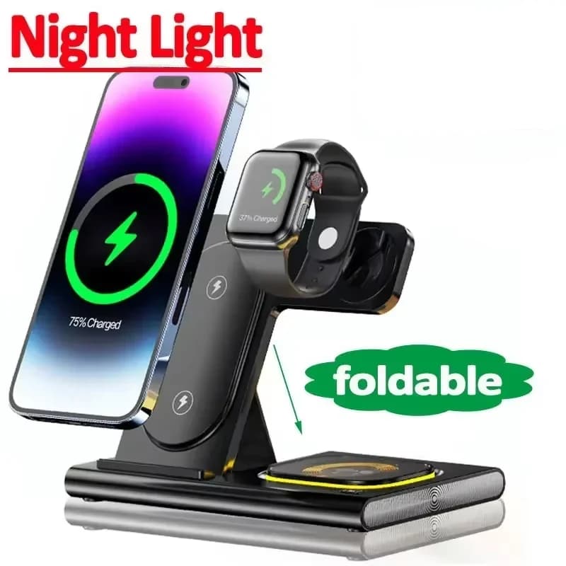 Caricatore Wireless 3 in 1 per iPhone 17 16 15 14 13 12 Pro Max, Apple Watch 8 7 6, Airpods, Stazione di Ricarica Rapida Pieghevole