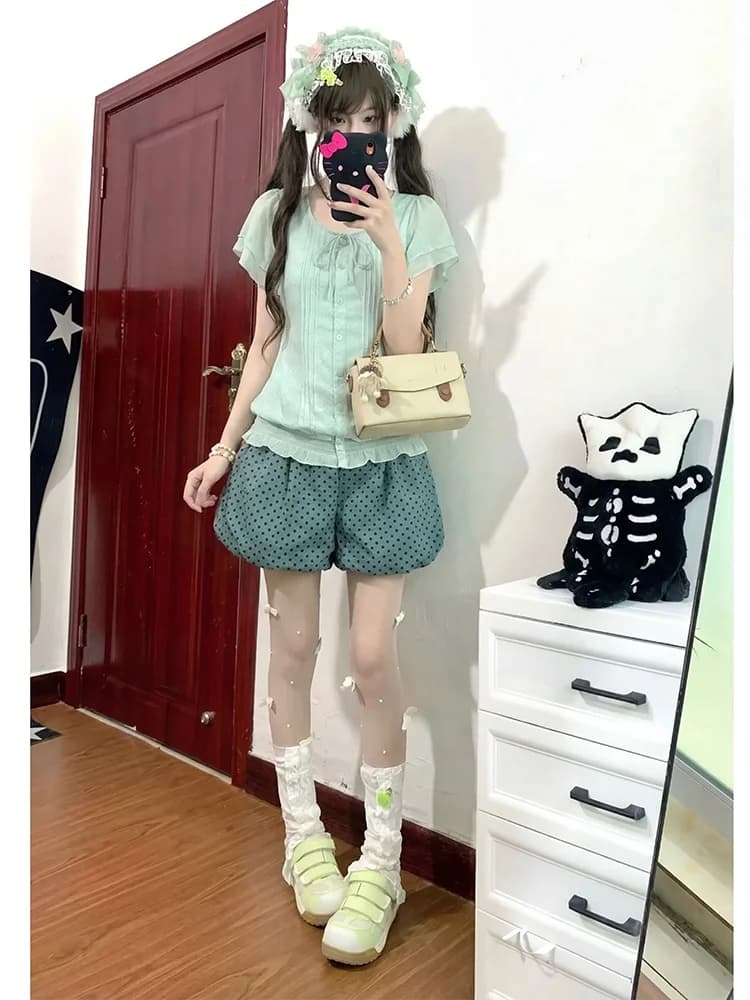Mint Green Polka Dot Bloomer Two-Piece Set Women's Summer Style Short Sleeve Top And Shorts Outfit Casual Versatile Wear
