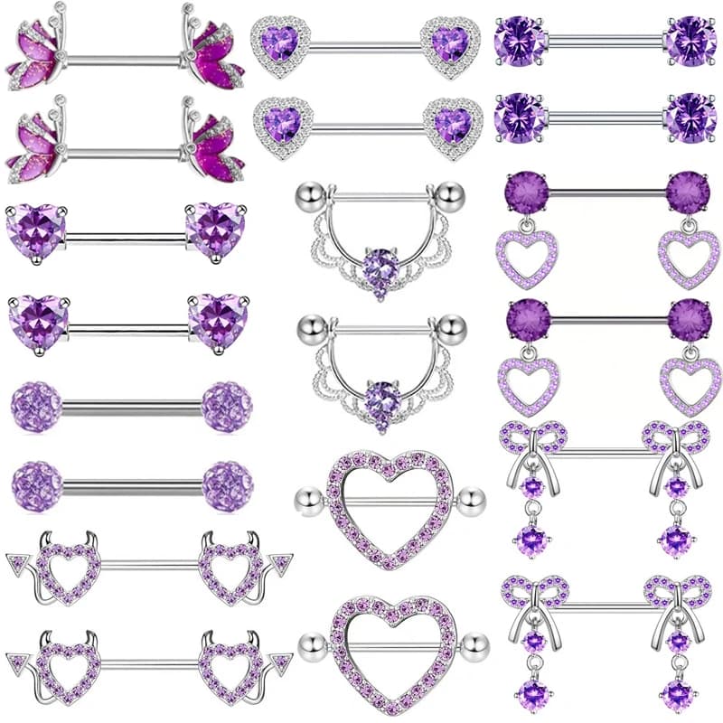 Set di gioielli per piercing al capezzolo Butterlfy viola 14G Anello per capezzoli in cristallo a forma di cuore Bulk Women Capezzoli Bilanciere Confezione Piercing Pezon Lotto