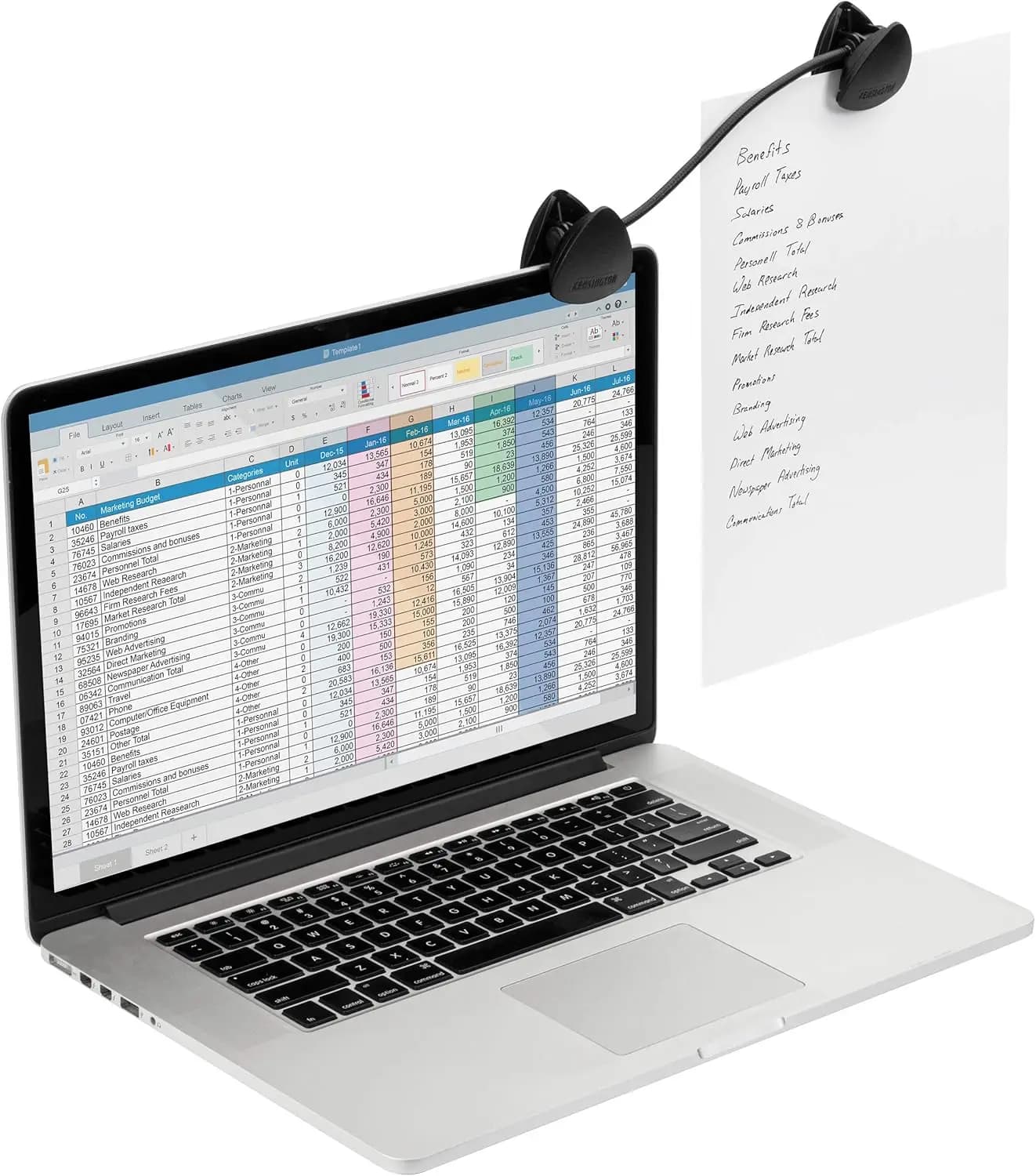 Flexible Support for Laptop and Monitor Documents, Compact Document Holder with Clip, Black 9,75 Width Poles