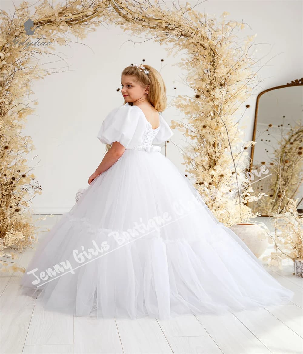 Abito per bambini a maniche corte bianco soffice a bolle con cintura di perle per la fotografia di matrimonio di compleanno, comunione, addio al nubilato