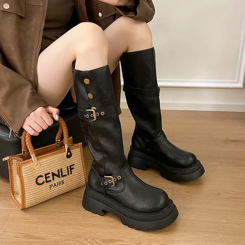 Stivali al ginocchio da donna Moda autunnale con fibbia per cintura con suola spessa Decorazione Stivali alti da cavaliere femminile Scarpe comode e calde da donna