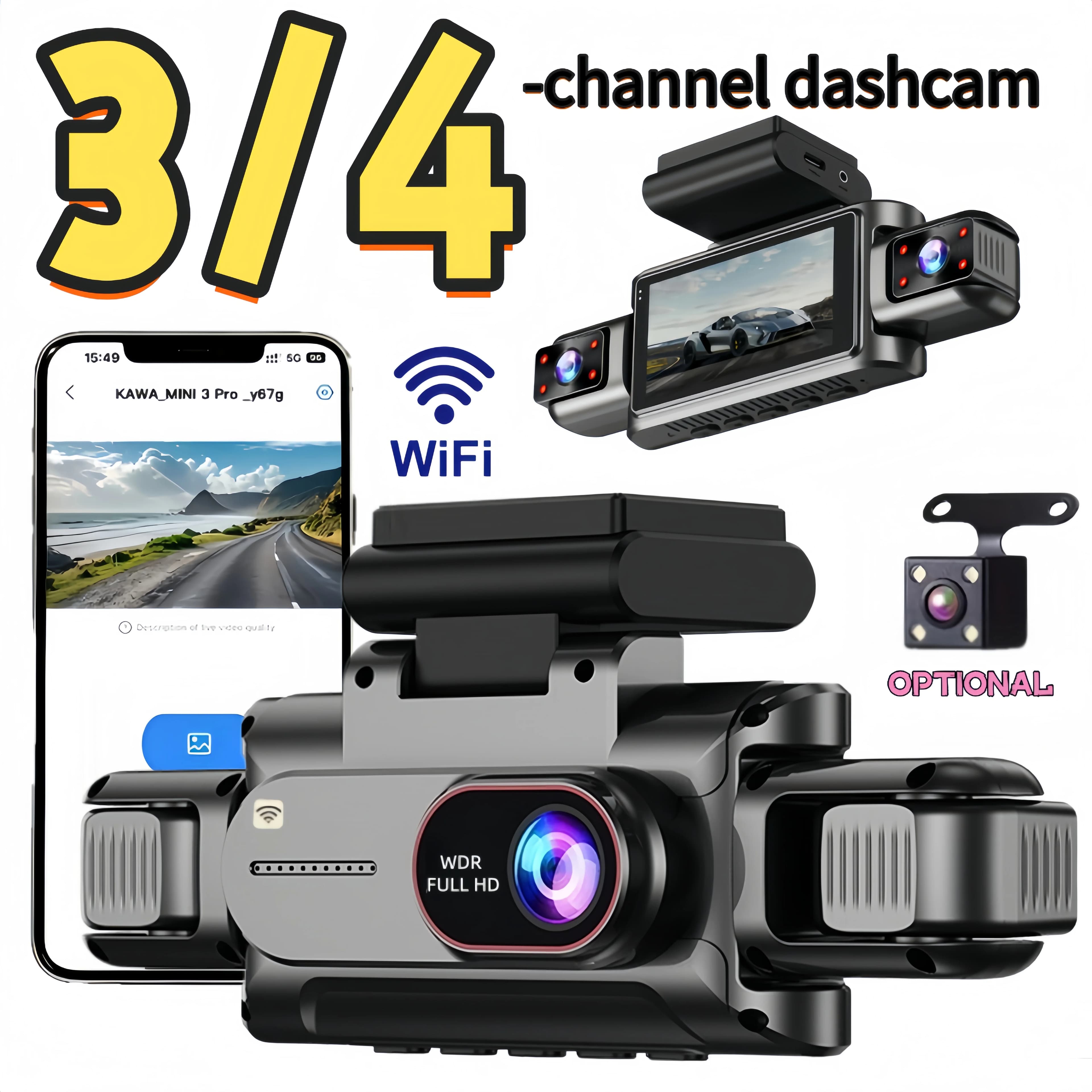 3/4 Channel WiFi Dash Cam, 4-Way Simultaneous Recording, APP Remote View, Parking Surveillance, Full Vehicle Coverage