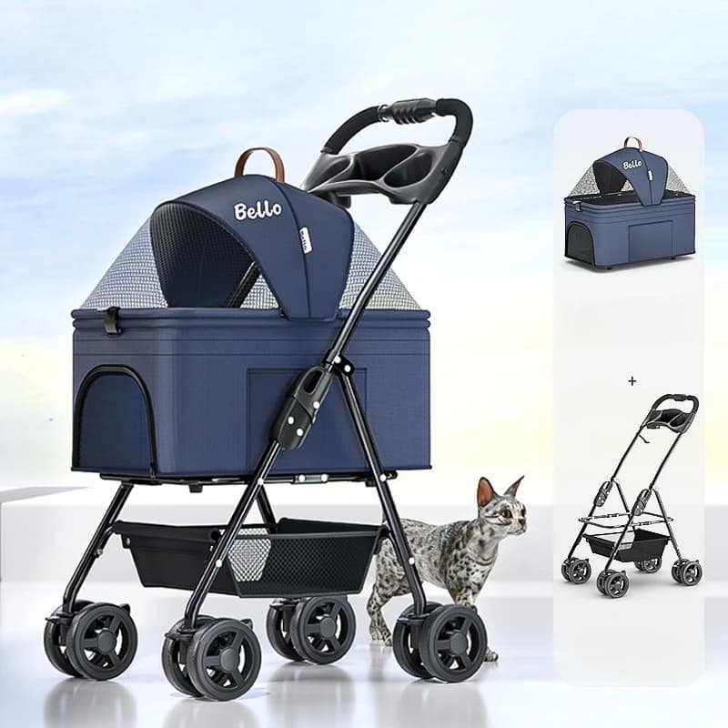 Passeggino pieghevole per animali domestici a doppio strato Trasportino rimovibile per gatti/cani Passeggino portatile per cuccioli con 4 ruote girevoli