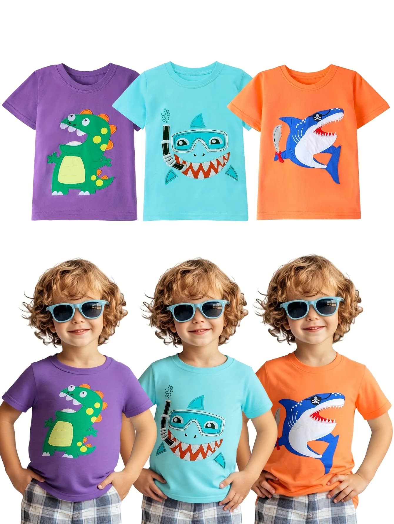 Boy's Short Sleeved T-shirt in 3: Random Top Printed with Dinosaur/Snorkeling Shark/Silver for Kids Summer Clothing