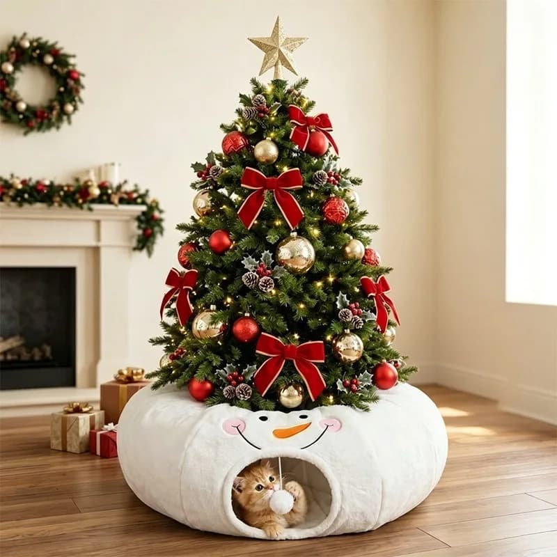 Christmas tree print cat tunnel, foldable cat shelter, self-improvement pet supply nest