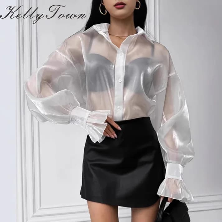 Camicia Trasparente da Donna 2026, Leggera in Organza, con Maniche a Lanterna, Elegante Blusa Estiva, Ampia e Casual, Protezione Solare