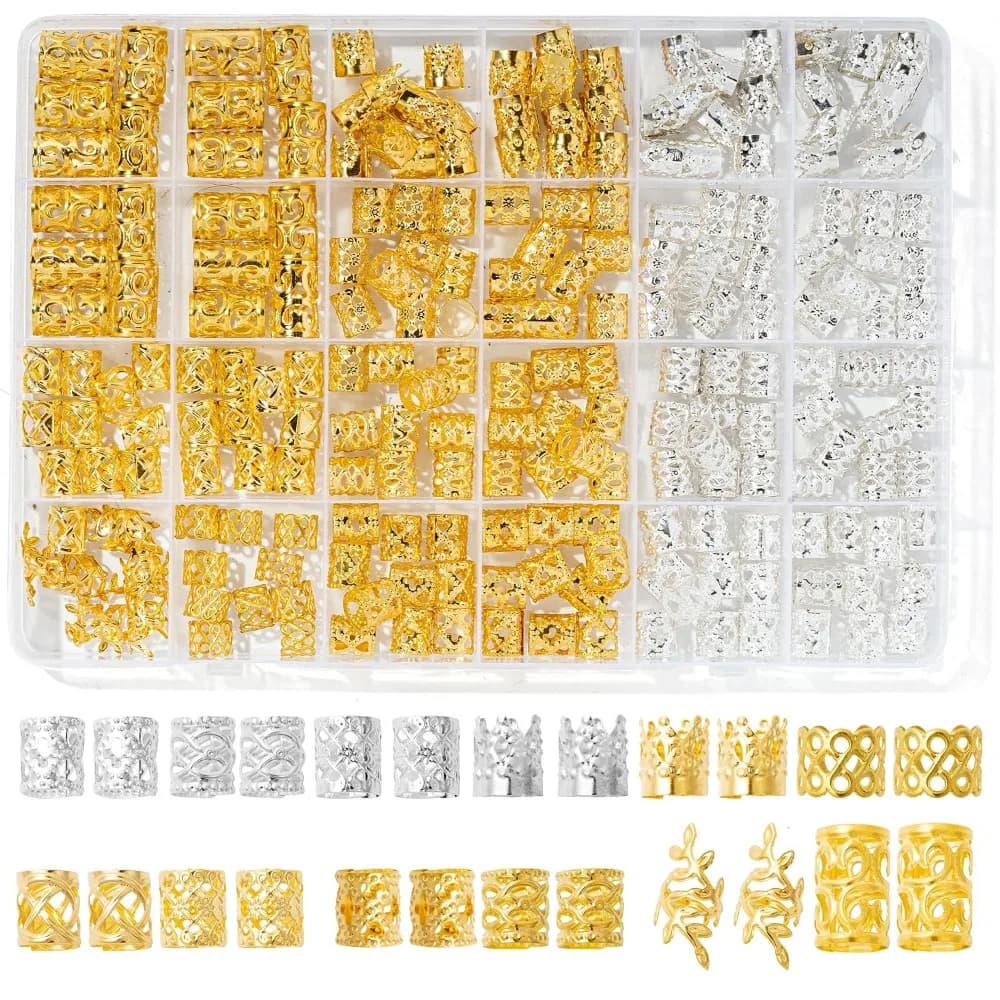220 Pcs Dreadlock and Braid Accessories Kit with 12 Styles of Gold and Silver Hair Cuffs, Adjustable Metal Rings and Clips for Dreadlocks, Braids and Twists, Jewelry Decorations for Women and Men, Shiny Hair Jewelry for