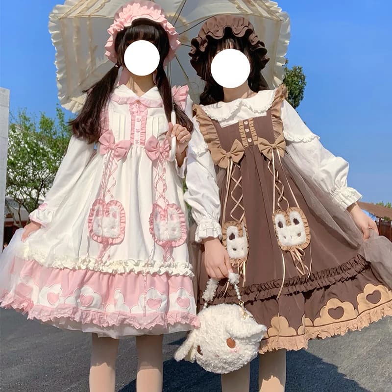 Abito Lolita Casual Taglie Forti, Set JSK a Maniche Lunghe Svasato Effetto Snellente, Vita Alta, Stile Principessa a Pois in Fibra di Poliestere, Due Pezzi