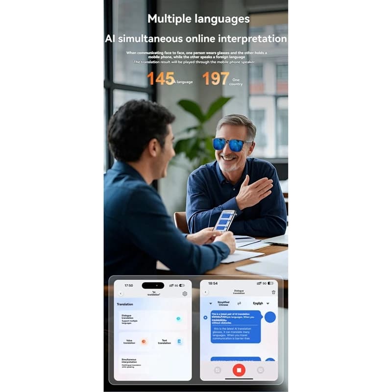 Occhiali intelligenti AI Bluetooth 5.4 con altoparlante 145 lingue Traduttore in tempo reale Occhiali da sole AI per uomo e donna F-A12I