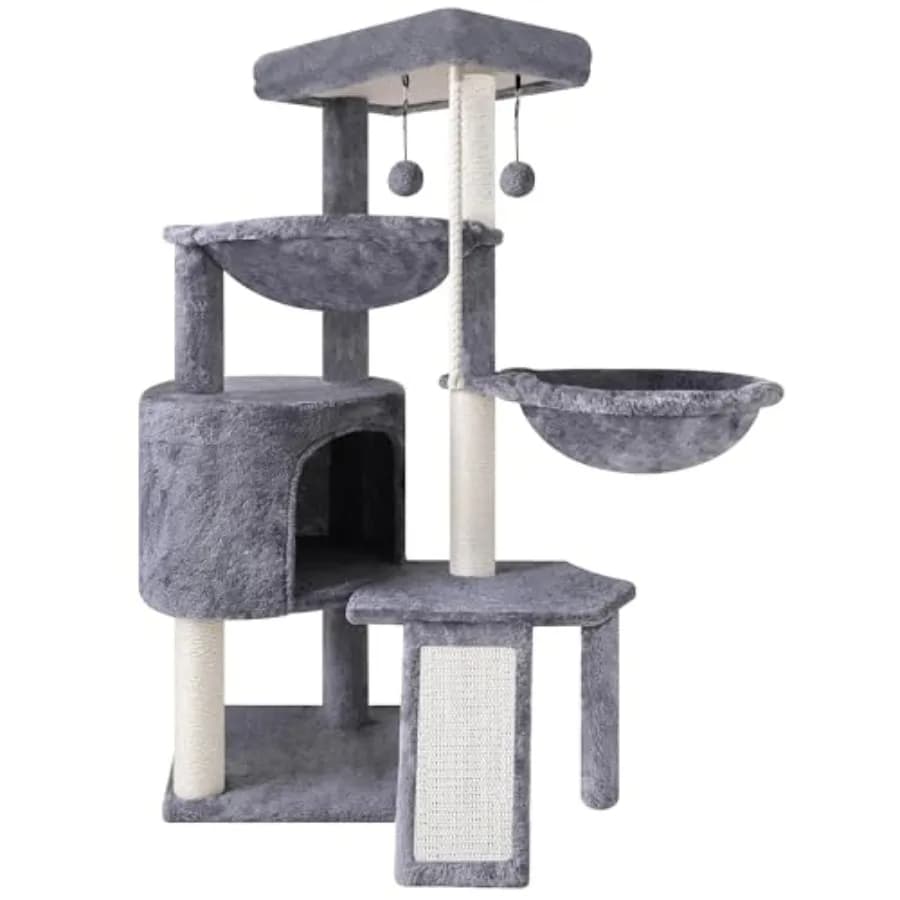 Albero per Gatti a Tre Livelli Xin con Cuccia e Due Amache in Grigio per Gatti da Interno, in Legno Resistente e Pelliccia Sintetica, Comodo e Elegante