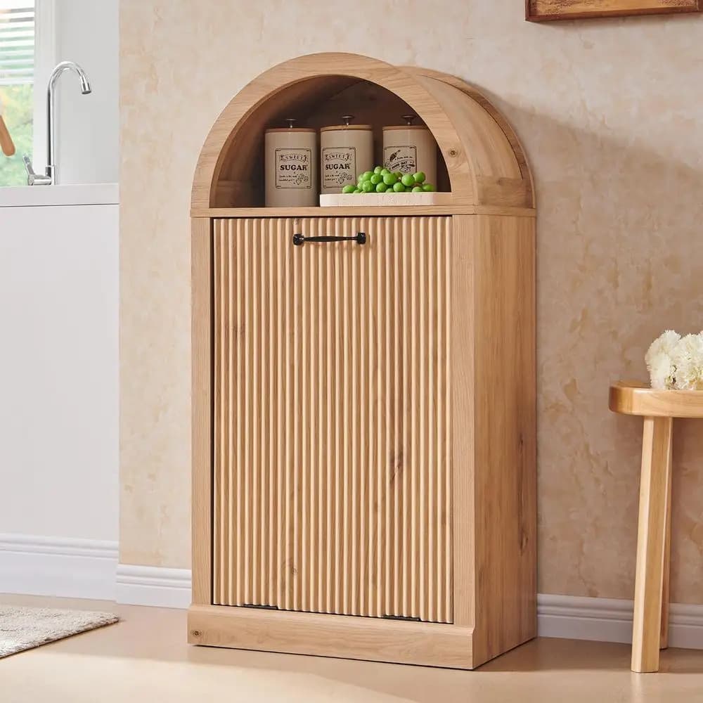 Mobiletto porta rifiuti da 10 galloni con cestino arrotondato, ripiano aperto e cesto per biancheria, ideale per la cucina e il soggiorno
