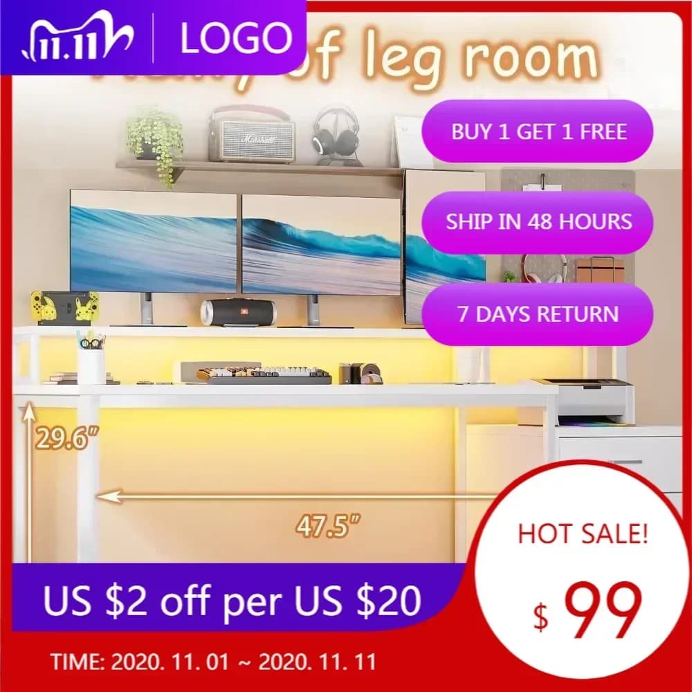 HOMBCK 67 Scrivania per computer con 3 cassetti, scrivania per ufficio domestico con supporto per monitor lungo e spazio per stampante, scrivania da ufficio con contenitore e L