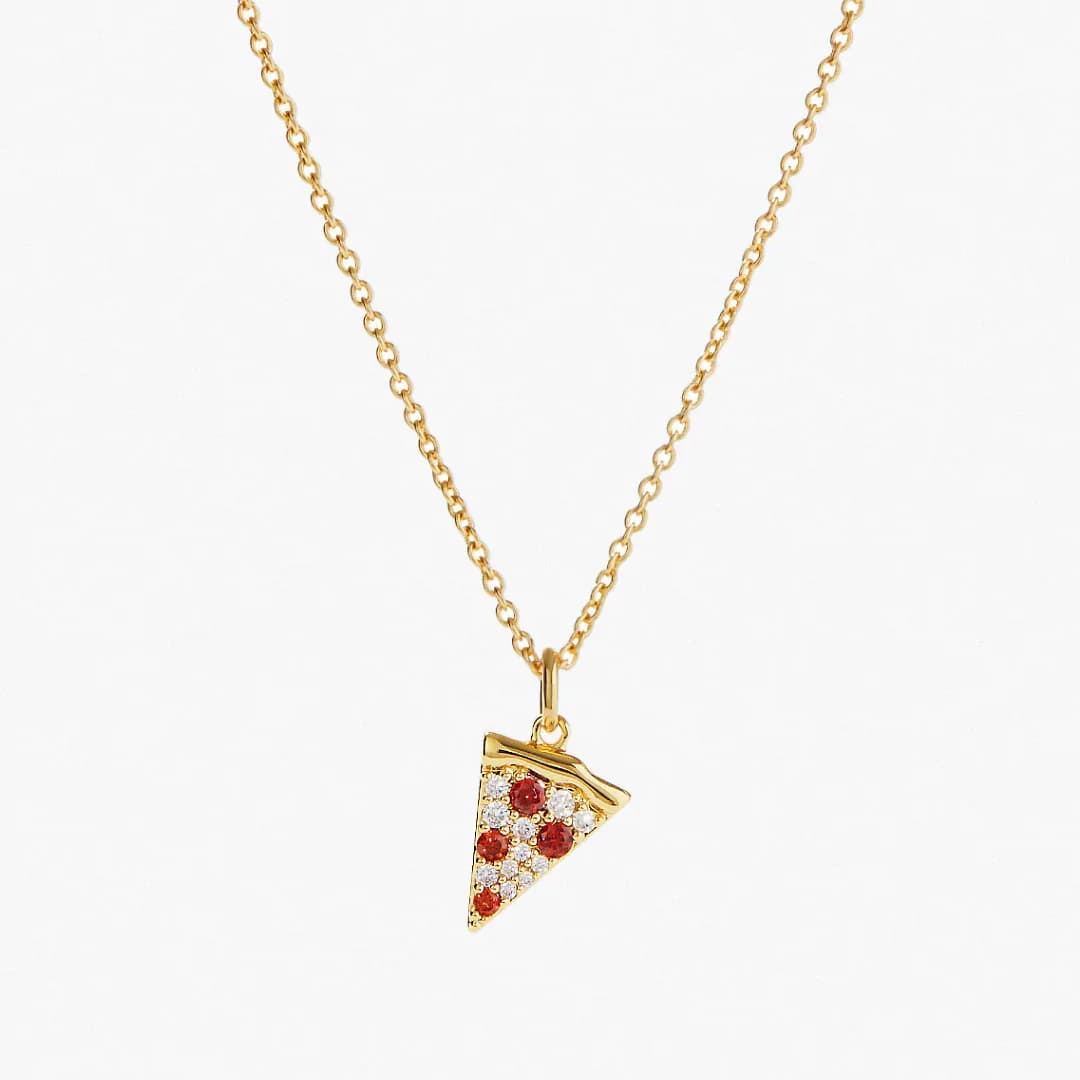 Collana vintage con pizza intarsiata con pietra rossa bianca a catena lunga con ciondoli, collana con ciondolo, catena per maglione, regalo per migliori amici