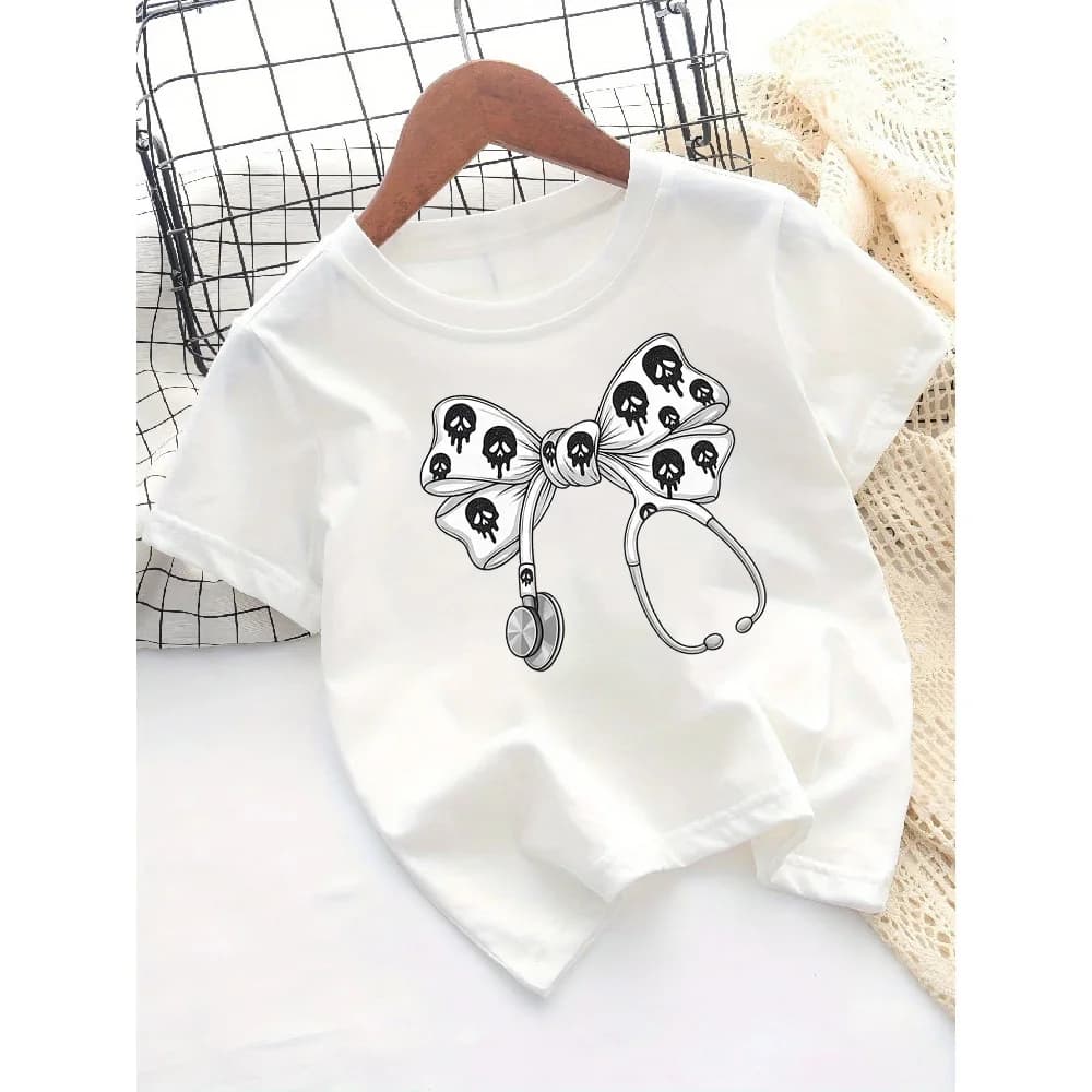 T-shirt estiva popolare per bambini con scollo rotondo, ampia, comoda, alla moda, casual, semplice, versatile, con stampa carina