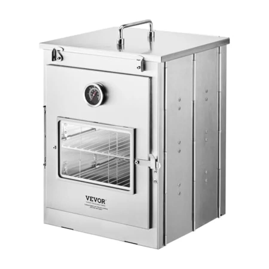 Fornello da Campeggio Pieghevole, Stufa Portatile in Acciaio Inox, con Griglia a 3 Livelli, Manico e Termometro, Utilizzabile con Legna