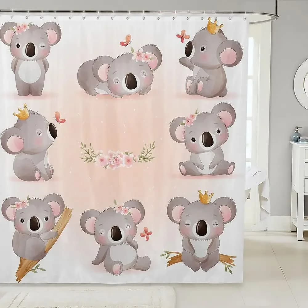 Tenda Doccia Koala Rosa Kawaii, Orsetto Koala, Animali Carini per Bagno, Tende da Bagno Floreali con Farfalle e Motivi Naturali Rustici