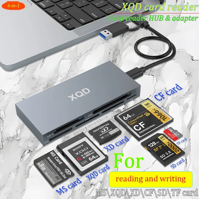 USB 3.2 10gbps High Speed XQD Card Reader for Laptop PC Phone, 6-in-1 Multi Card Reader for XQD,CF, Micro SD/SDXC, XD, MS Cards