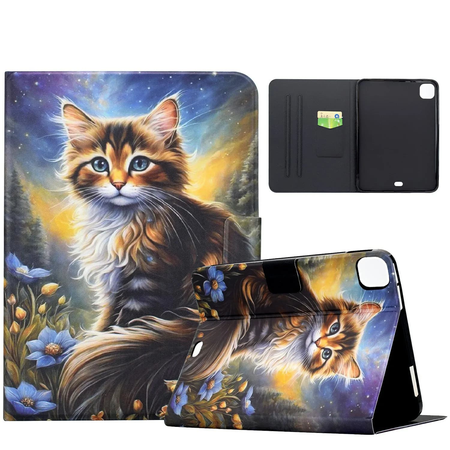 Custodia per Xiaomi Pad 7 / Pad 7 Pro con stampa fantasia, supporto e slot per carte - Gatto Notte Stellata