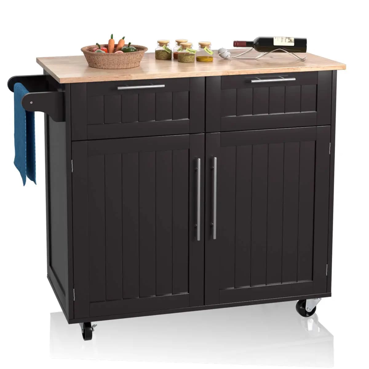 Carrello da Cucina con Ruote e Piano in Legno di Gomma, 2 Cassetti Portaoggetti e Portasciugamani, Carrello Bar per Sala da Pranzo, Marrone, Personalizzabile