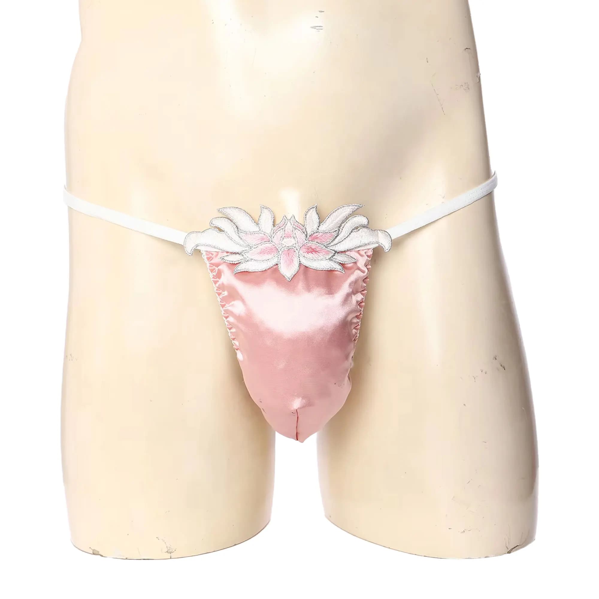 Sissy T-back Thongs Underwear Men Low Rise Floral Embroidery Patch Stain Pouch Spaghetti Straps Micro Briefs Lingerie Nightwear
