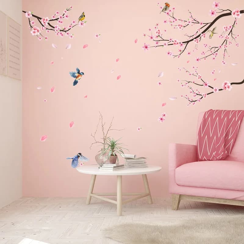 Decalcomanie da muro contemporanee con fiori di ciliegio con uccelli – 2 adesivi murali con fiori e uccelli impreziositi da cristalli in PVC, staccabili