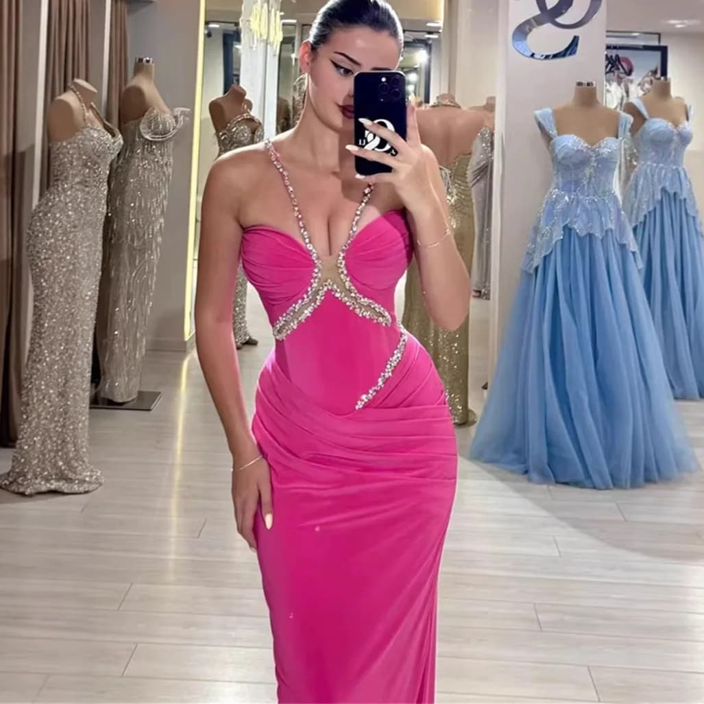 Abito Bodycon Scollo Basso in Magenta con Design a Goccia d'Acqua sul Collo per Feste ed Eventi Serale, in Tessuto Spesso di Poliestere a Vita Media