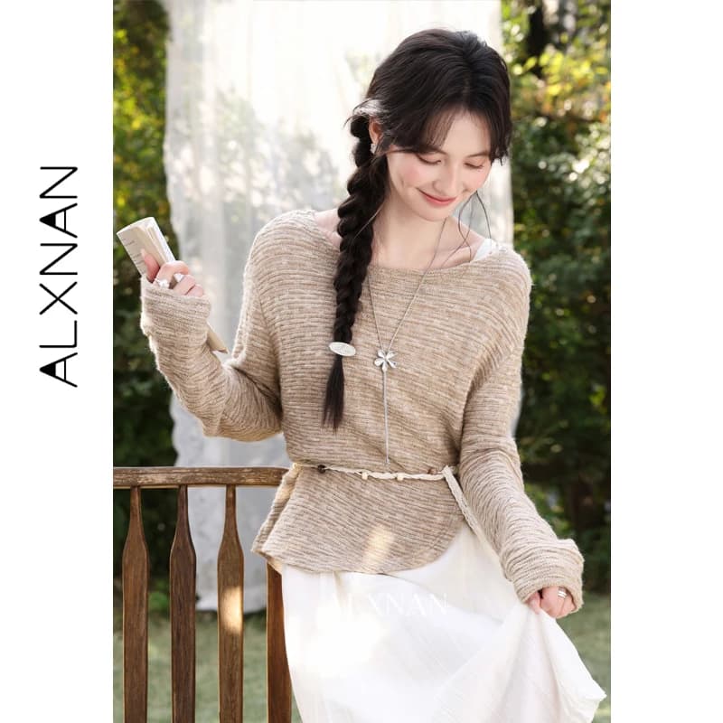 ALXNAN Women Khaki Knit Sweater Off Shoulder Lace Tie Waist Loose Lazy Long Sleeve Top Female Autumn Elegant Pullover L62206